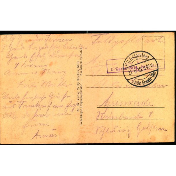 Feldpost - K.D. Feldpost  21 - 5  -15 - Til Apenrade - Billedside : Crancourt (Lothr)