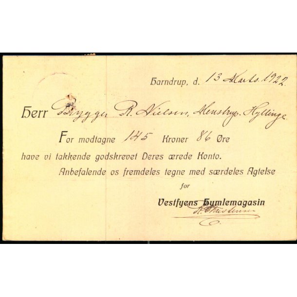Vestfyens Humlemargasin - Harndrup - Tryksagskort u/n - Brugt