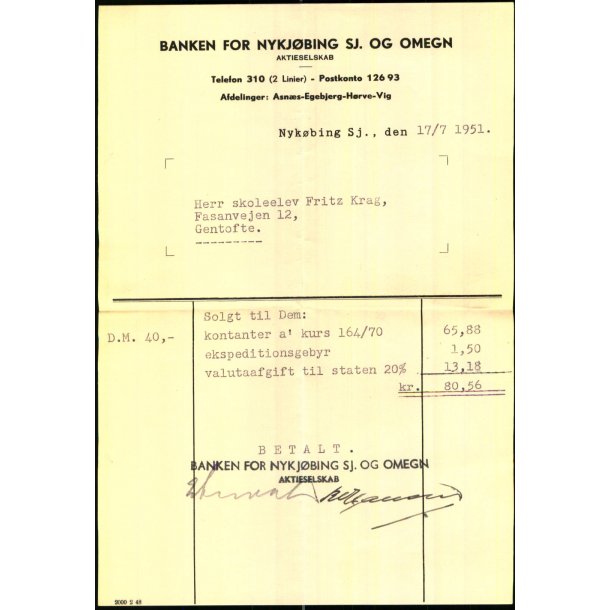 Banken for Nyk�bing Sj. og Omegn - 1951