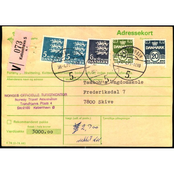 Adressekort - Vrdipakke  - 2 x5 kr - 1x6 kr Rigsvben 10 og 20 re Blgelinie - 30 - 4 - 79