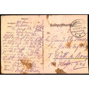 Feldpostkort - Deutsche Feldpoststation  13 -11 - 17  - Til 1. Batl. 4. Komp. - Billedside : Soldath