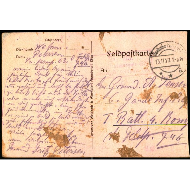 Feldpostkort - Deutsche Feldpoststation  13 -11 - 17  - Til 1. Batl. 4. Komp. - Billedside : Soldath