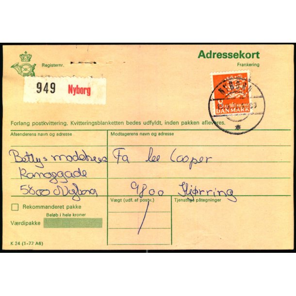 Adressekort fra Nyborg - 8 kr. Rigsvben  19 - 5 - 79