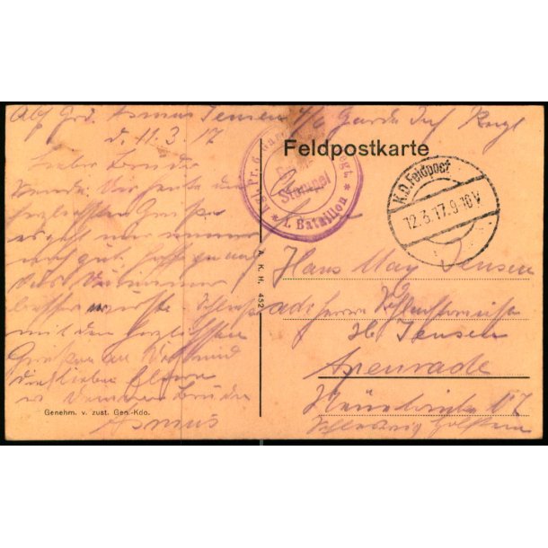 Feldpost - K.D. Feldpost   12 -3 -17 - Til Apenrade - Billedside :  Genehm. v. Zust.