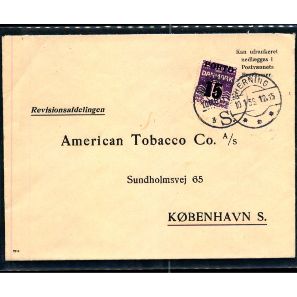 Efterporto - Brev fra Herning 10 - 1 - 36 til Kbenhavn  - Efterporto 15 re.