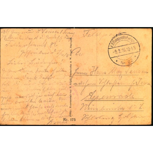 Feldpost - K.D. Feldpost  9 - 2  -16 - Til Apenrade - Billedside : Westilicher Krigsschaupladz