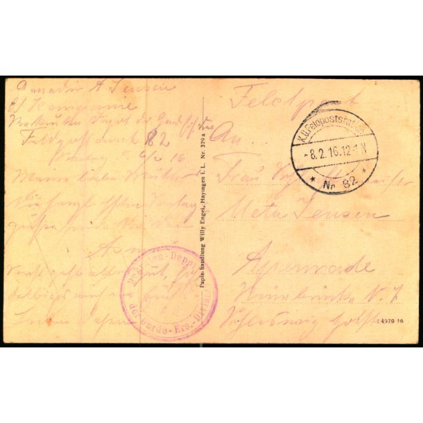 Feldpost - K.D. Feldpoststation   8 -2 -16 - Til Apenrade - Billedside :  Hayingen