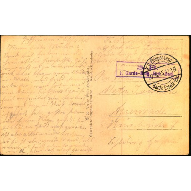 Feldpost - K.D. Feldpost  2 - 8  -15 - Til Apenrade - Billedside : Gehlt La Grizire bei Thiaucourt