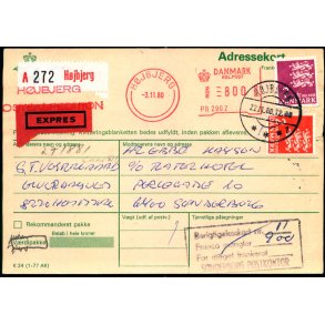 Adressekort fra Hjbjerg - Vrdipakke + Expres - Efterporto Franko mangler 9,00 - 3 - 11 - 80 - 