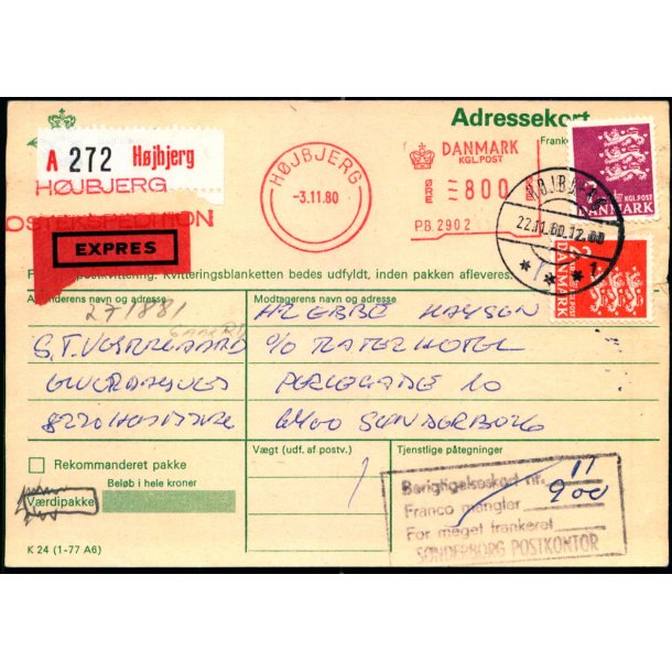 Adressekort fra Hjbjerg - Vrdipakke + Expres - Efterporto Franko mangler 9,00 - 3 - 11 - 80 - 