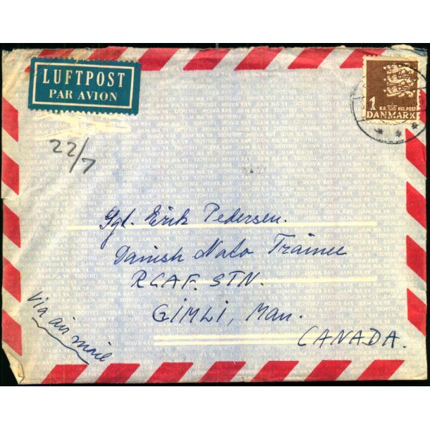 Luftpost Brev fra Danmark til Danish Nato Trainee - Canada - 22 - 7 - 59 - Med indhold.