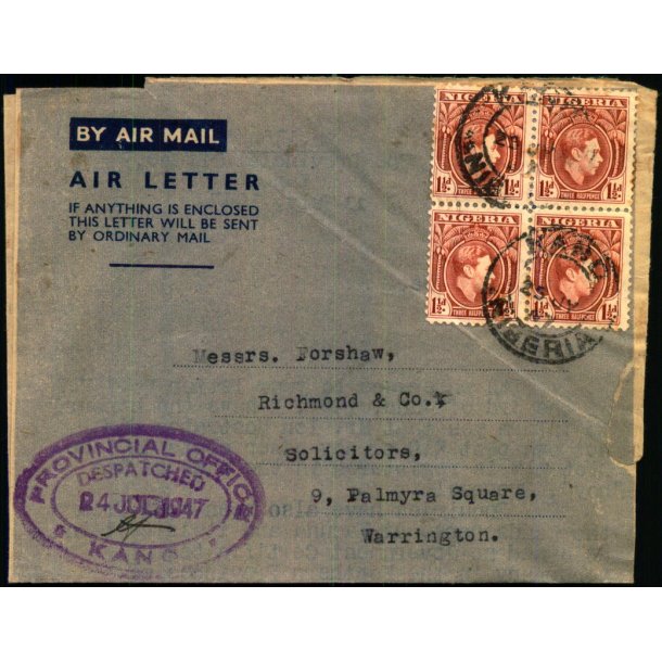 Luftpost Brev fra Nigeria til England -24 - 7 - 1947