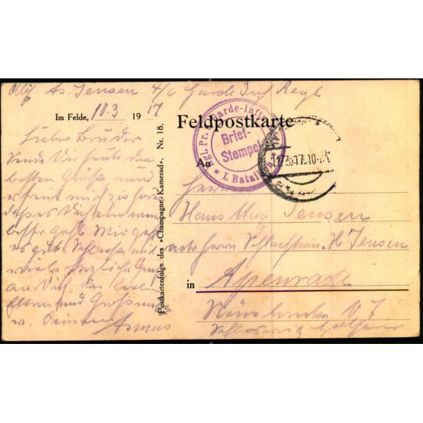 Feldpostkarte - K.D. Feldpost  11 - 3  -17 - Til Apenrade - Billedside : "Champagne"