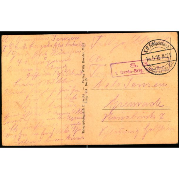 Feldpost - K.D. Feldpostxped.   14 -5 -15 - Til Apenrade - Billedside :  Schlachtfeld von Buzy