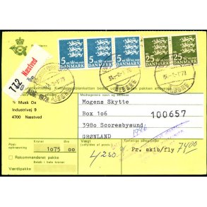 Adressekort med Postopkrvning fra Nstved til Grnland   - 3x5 - 2x25 kr Rigsvben - Efterporto