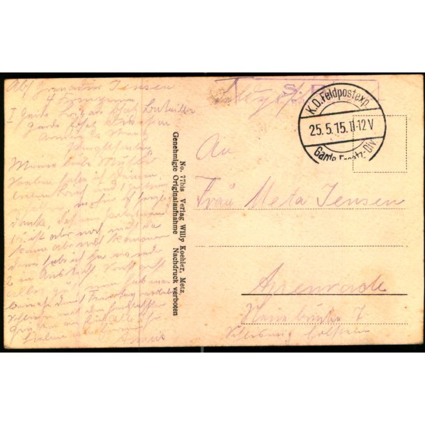 Feldpost - K.D. Feldpostxped.   25 -5 -15 - Til Apenrade - Billedside :  Dorfstrasse in Loupmont