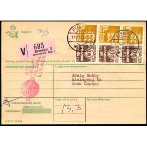 Adressekort fra Brnshj  - Vrdipakke + R.  - 3x10 Rigsvben 3 x 50 re Blgelinie - 17-10 - 80