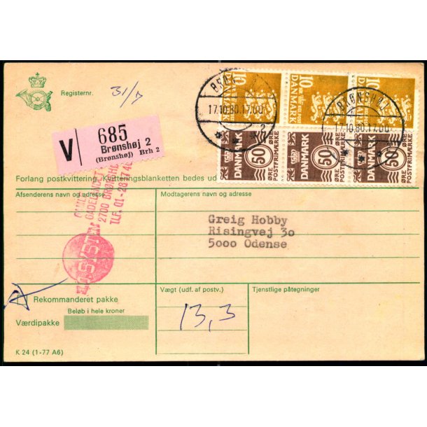 Adressekort fra Brnshj  - Vrdipakke + R.  - 3x10 Rigsvben 3 x 50 re Blgelinie - 17-10 - 80