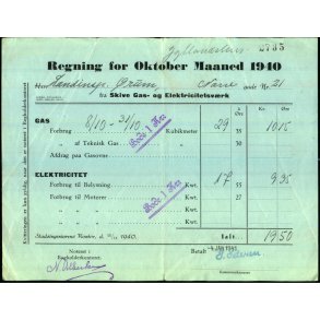 Skive Gas og Elektricitetsv�rk - Regning Oktober 1940