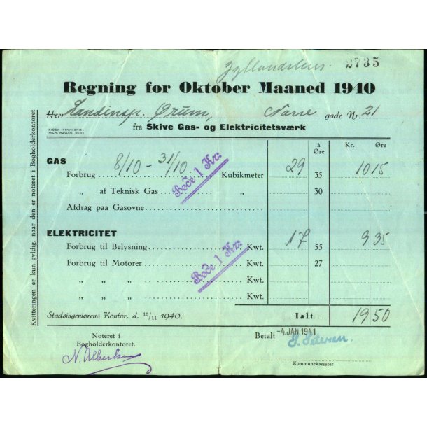 Skive Gas og Elektricitetsv�rk - Regning Oktober 1940