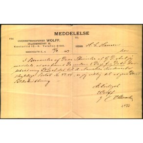 Meddelelse fra Overretssagf�rer Wolff - K�benhavn K - 1897