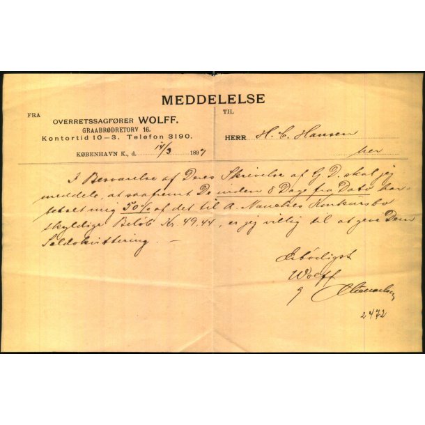 Meddelelse fra Overretssagf�rer Wolff - K�benhavn K - 1897