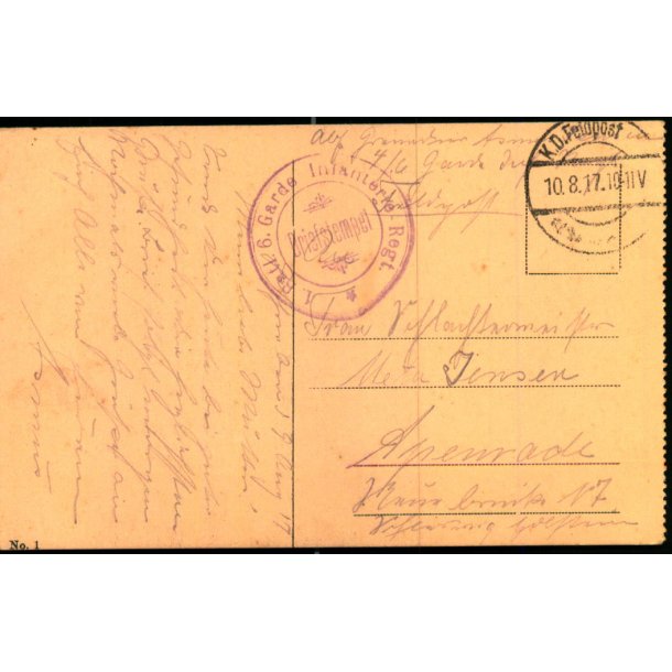 Feldpost - K.D. Feldpost  10 - 8  -17 - Til Apenrade - Billedside : Wilna