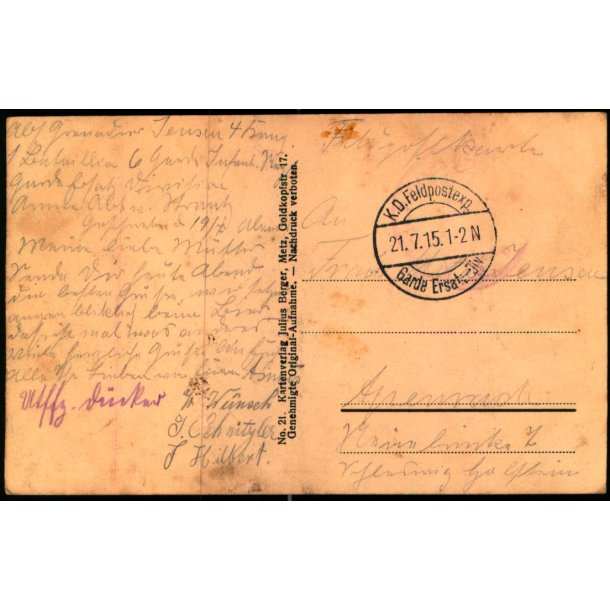 Feldpost - K.D. Feldpostxped.   21 -7 -15 - Til Apenrade - Billedside : Pont--Mousson