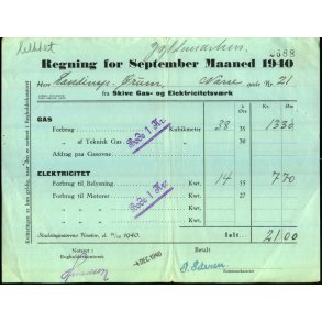 Skive Gas og Elektricitetsv�rk - Regning September 1940