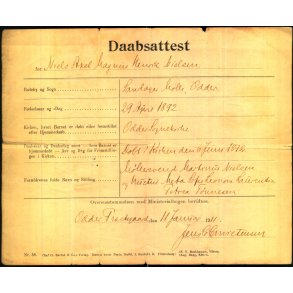 Daabsattest - Niels Axel Magnus Henrik Nielsen - 1892