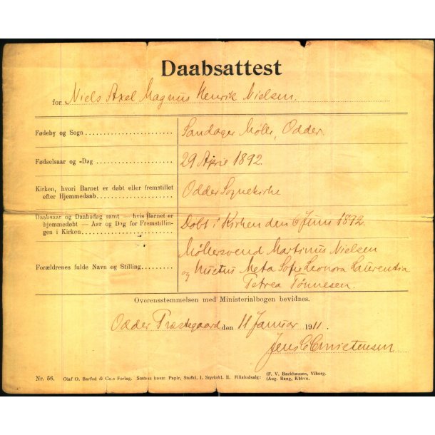 Daabsattest - Niels Axel Magnus Henrik Nielsen - 1892