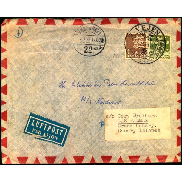 Luftpost Brev fra Danmark til Grand Canaria - 9 - 7- 56