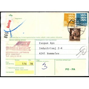 Adressekort med Postopkrvning fra Kastrup - 10 og 5  kr. Rigsvben - 1kr M. 12 - 8 - 73