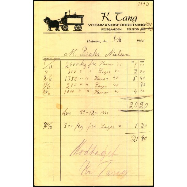 K. Tang - Vognmandsforretning - Haderslev 1940