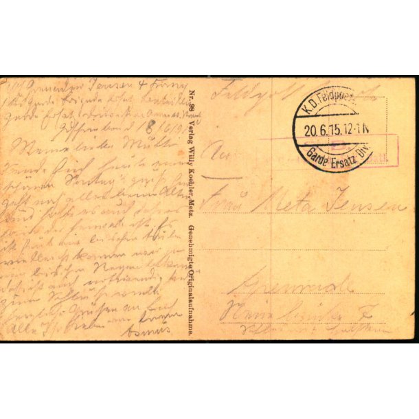 Feldpost - K.D. Feldpost  20 -6 -15 - Til Apenrade - Billedside : Westlicher Eingang von Heudicourt