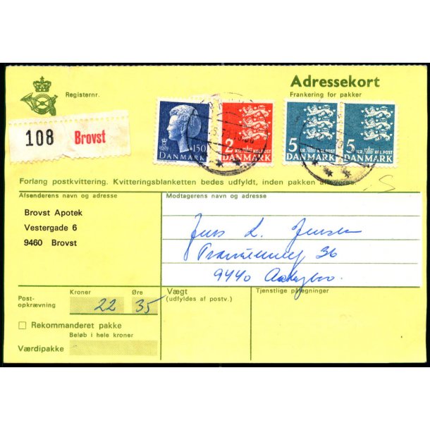 Adressekort med Postopkrvning fra Brovst - 2 og 2x5  kr. Rigsvben - 150 re M. - 12 - 5 - 79