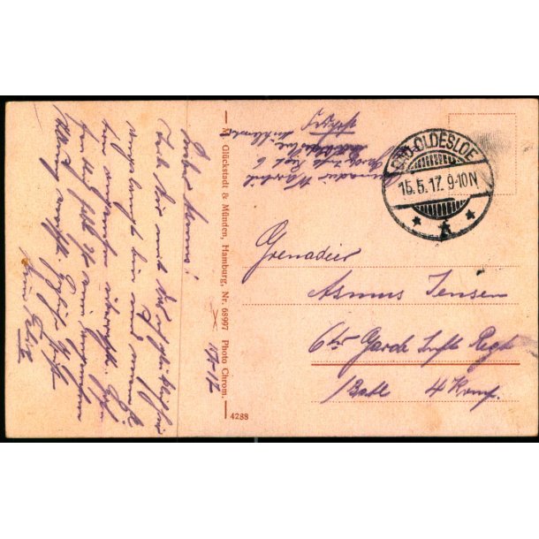 Feldpost - Dad Oldesloe  15 - 5 -17 - Til 1. Batl. 4. Komp.  - Billedside : Bad Ofdenloe