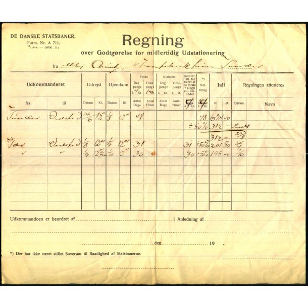 D.S.B. - Regning for midlertidig Udstationering
