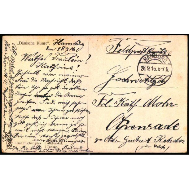 Feldpost - Hamburg 28 - 9 -16 - Til Apenrade  - Billedside : Kunst