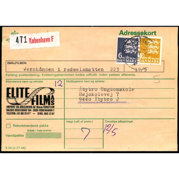 Adressekort fra Kbenhavn F  - 6 og 10 kr. Rigsvben 10 - 5 - 79