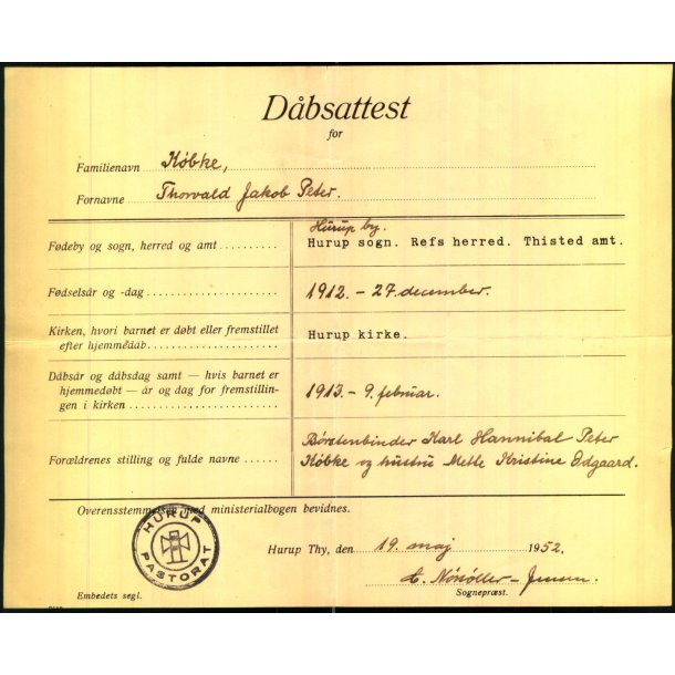 Daabsattest - Thorvald,Jakob,Peter,K�bke - 1912