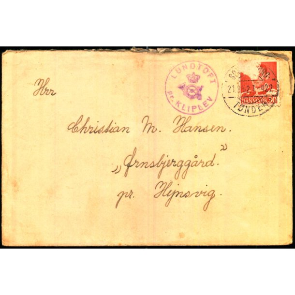 LUNDTOFT - pr. KLIPLEV - Posthornsstempel p Brev