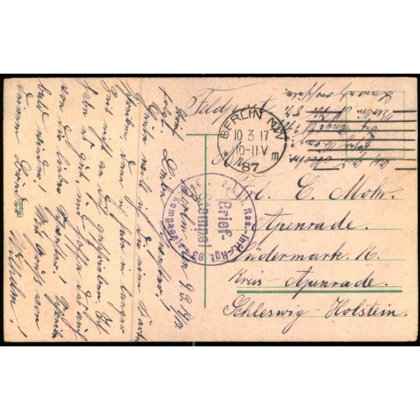 Feldpost - Berlin NW  10 - 3 -17 - Til Apenrade  - Billedside : Berlin 