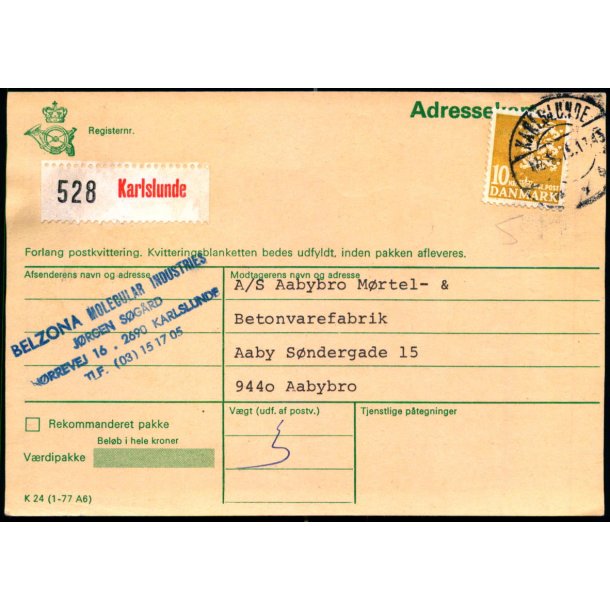 Adressekort fra Karlslunde  - 10 kr. Rigsvben 12 - 5 - 79