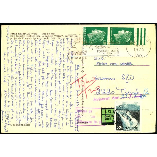Efterporto - Postkort fra Frankrig til Sverige 19 - 9 - 1974 
