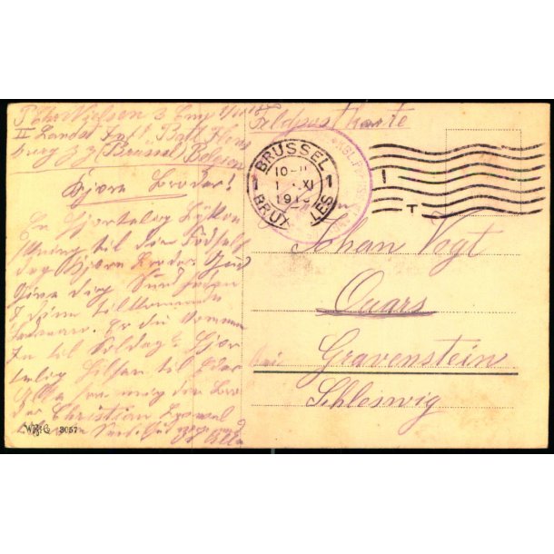 Feldpost - Brussel  1 - 11 -15 - Til Gravenstein  - Billedside : Geburstage