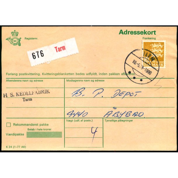 Adressekort fra Tarm  - 10 kr. Rigsvben 12 - 5 - 79