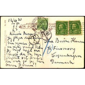 Efterporto - Postkort fra U.S.A. til Copenhagen 12 - 10 - 30