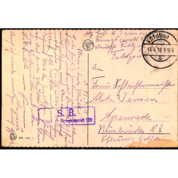 Feldpost - K.D. Feldpost  14 - 4 - 18  - Til  Apenrade - Billedside : Arlon