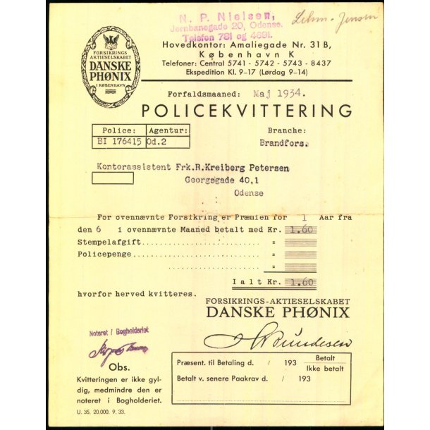 Danske Ph�nix - Pr�miekvittering - 1934